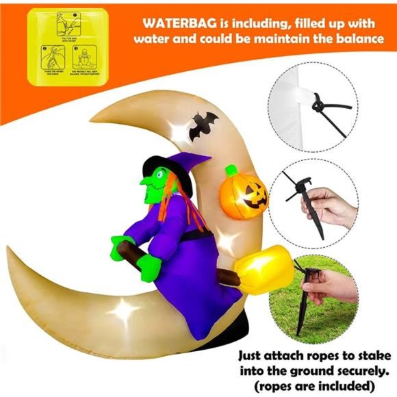 4.6ft Long Halloween Inflatable Witch Sitting on The Moon Decoration, LED - Picture 4 of 6